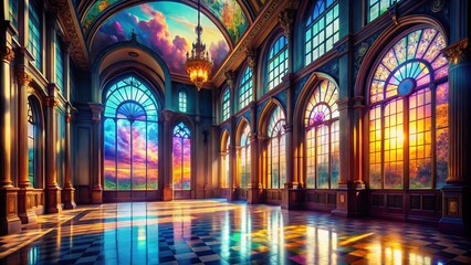 Obraz premium Surreal Big Hall Window Illuminating Dreamlike Interior Spaces