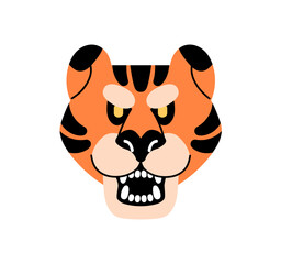 Angry tiger roars. Icon of striped wildcat head with rage on muzzle. Big cat of jungle, rainforest with fangs in open jaw. Wild exotic animal. Flat isolated vector illustration on white background