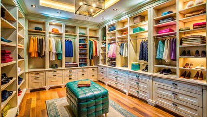Obraz premium Spacious and Elegant Walk-In Closet with Organized Shelves and Stylish Accessories for Fashion Storage