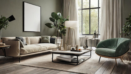 Modern living room with green accents and natural light, featuring stylish furniture and indoor plants in a cozy setting