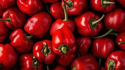 Close-up of multiple fresh red bell peppers with green stems, showcasing vibrant color and glossy texture in a market or farm setting.