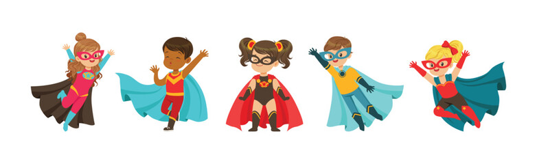 Little Kid Superhero in Cloak and Mask Vector Set