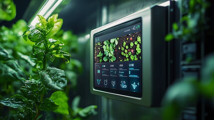 A smart garden digital control panel with a vivid display, showing irrigation schedules, soil conditions, and plant health, soft ambient lighting, metallic body of the panel,