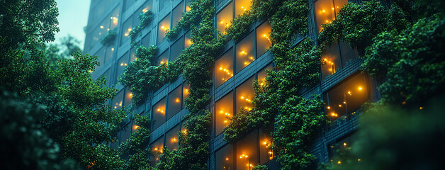Fototapeta premium Sustainable architecture, a wide perspective view from bellow, high rise skyscraper photo of modern buildings covered with green trees and plants bush with morning sunset 