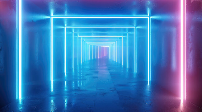 3d room asymmetrical endless room, dark blue tunnel made of gradient colors, mirror walls, strong rectangle neon lines, primary colors are white, blue, and light blue glowing light, minimalistic.