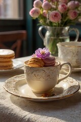 Cup of macarons with cookies on decorative plate, flowers in background