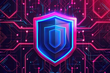 Fototapeta premium Neon Glowing Shield on Abstract Circuit Board Background