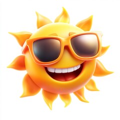 A cheerful cartoon sun with sunglasses and a big smile on a white background
