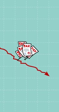 Tax still goes up seamless loop vertical video. Walking up taxes symbol seamless loop 4k 9:16 video. Cartoon movie with character rising fast. Funny business animation.