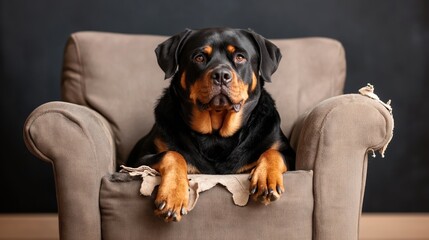 Obraz premium Rottweiler dog sitting on a worn, gray armchair with visible damage to the fabric, looking directly at the camera against a dark background.