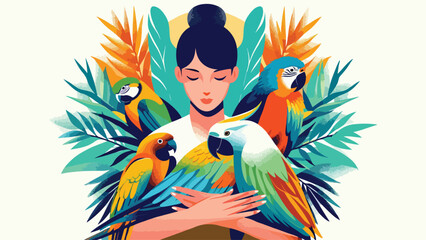 a person cradling a selection of exotic birds, including paradise bird, cockatoo, and starling