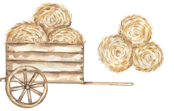 recommend clip art: Watercolor hand drawn wooden cart and hay illustration set, graphic farm clipart