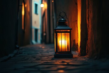 Warm lantern light on cobblestone path in old town alley