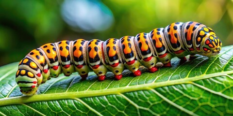 Naklejka premium Striking Striped Hawk Moth Caterpillar on Leaf in Natural Habitat, Close-Up of Colorful Insect