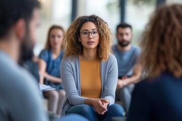 A diverse group of individuals engaged in discussion while sitting in a circle indoors