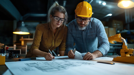Two engineers working at a desk examining blueprints in a workshop environment, focusing intently with safety gear and tools visible around them.