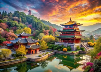 Fototapeta premium Stunning 3D Chinese Landscape with Traditional Elements and Vibrant Colors for Creative Projects