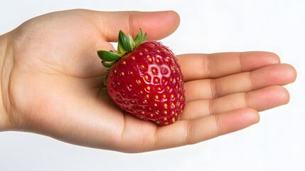 Obraz premium Top view of a berry resting on an open hand isolated on a white background