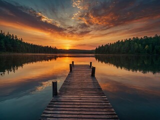 Fototapeta premium Breathtaking sunset over tranquil lake with forested shoreline. Tranquil lake with a stunning sunset