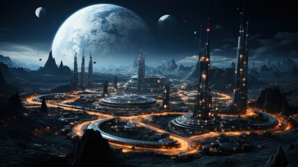 Fototapeta premium Futuristic Cityscape Under a Double Moon