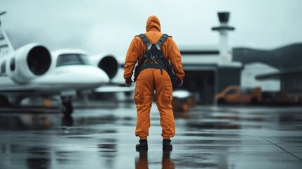 Obraz premium Person in orange flight suit standing on wet tarmac in front of private jet, airport buildings visible in background, overcast sky.