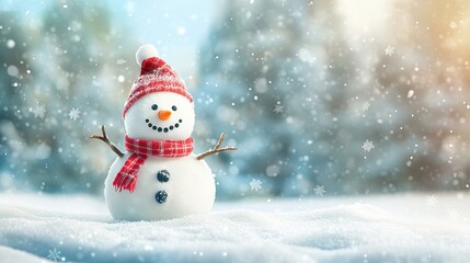 Panoramic Winter Landscape with Cheerful Snowman in Snowy Scene, Perfect for Holiday and Seasonal Themes, Space for Text