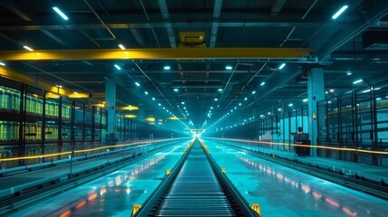 Futuristic warehouse with glowing lights and high-tech conveyor system connected to a vibrant supply chain network.