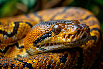 Fototapeta premium Close-up of a majestic ball python's head, showcasing intricate golden and black scales, piercing yellow eye, and smooth snout in a natural setting
