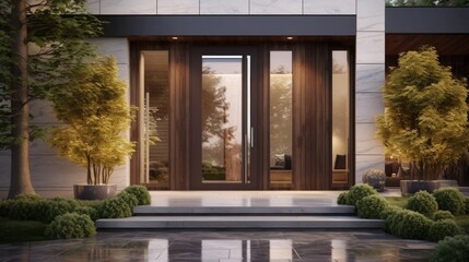 Luxury exterior side of building with entrance door and green plants. Neural network ai generated art