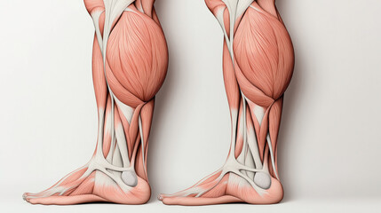 A detailed anatomical illustration of the lower leg muscles, including the calf muscles, Achilles tendon, and foot structure, showcasing muscle fibers and tendons.
