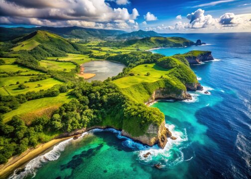 Stunning Aerial View of Cilacap Coastal Landscape with Blue Ocean and Lush Green Hills in Indonesia
