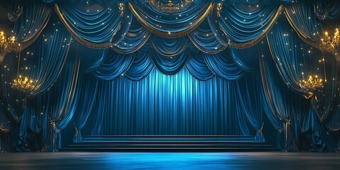 Empty theater stage with blue velvet curtains. Spotlight showtime copy space