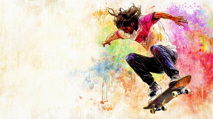 Naklejka premium A dynamic skateboarder performing a trick against a colorful, abstract background.