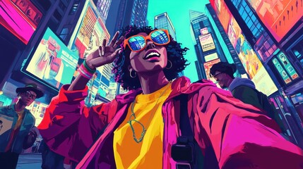 Obraz premium A vibrant urban scene featuring a person taking a selfie amidst colorful billboards.