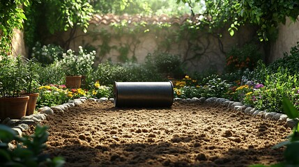 Fototapeta premium An electric-powered garden roller flattening freshly tilled soil beds in a backyard garden, smooth metal roller gliding across the earth, vibrant green plants surrounding the scene,
