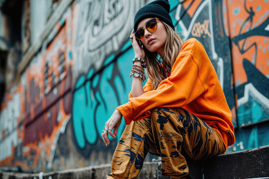 Stylish young woman in vibrant orange sweatshirt and patterned pants poses confidently against urban graffiti wall, embodying street fashion and youthful attitude