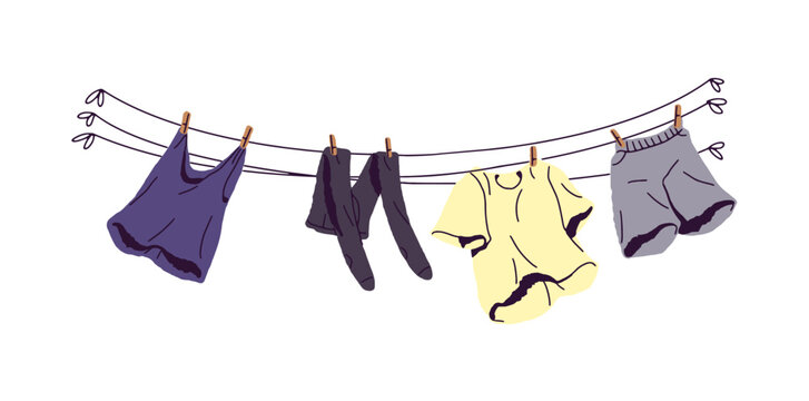 Laundry hanging on clothesline with pegs after washing. Different wet clothes dry on lines, strings with clothespins. Housework, housekeeping. Flat isolated vector illustration on white background