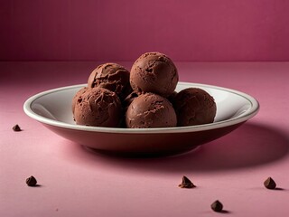 Chocolat ice cream balls in nice plate on pink background. Chocolate ice cream on a pink plate