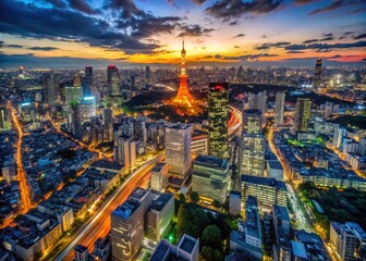 Fototapeta premium Stunning Aerial View of Tokyo at Night Showcasing Vibrant City Lights and Urban Landscape