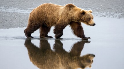 Obraz premium At the Alaskan Izembek National Wildlife Refuge, a brown bear (Ursus arctos horribilus) is seen crossing tidal flats while reflecting.