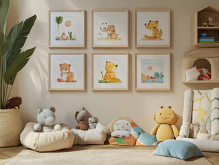 room interior with a wall of framed pictures of animals and stuffed animals