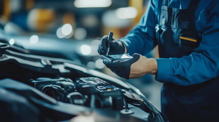 Mechanic inspecting a vehicle in a dimly lit automotive workshop during the day