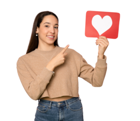 Photo of thoughtful pretty woman wear casual sweater smiling holding feedback card over transparent background