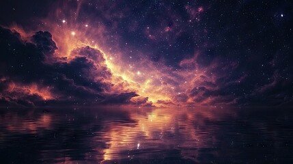 Amazing colors of a galactic background with realistic cinematic lighting. A beautiful night sky with stars and nebulae reflected in the water below