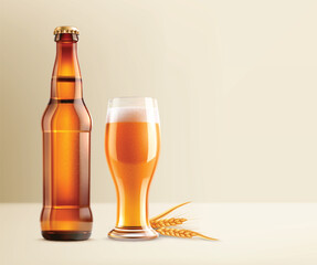 Realistic beer bottle and glass composition background