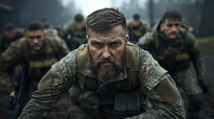 Fototapeta premium Group of soldiers in camouflage uniforms crouching in formation during a military exercise in a forested area, focused and prepared for action.