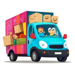 Fototapeta premium A colorful cartoon moving van with furniture and happy characters carrying boxes, set on a white background