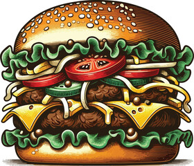 illustration of a burger with patty, tomato, cheese, mayonnaise, lettuce filling