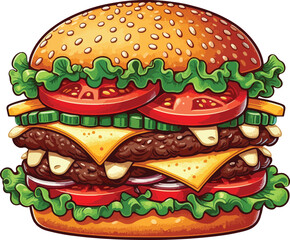illustration of a burger with patty, tomato, cheese, mayonnaise, lettuce filling