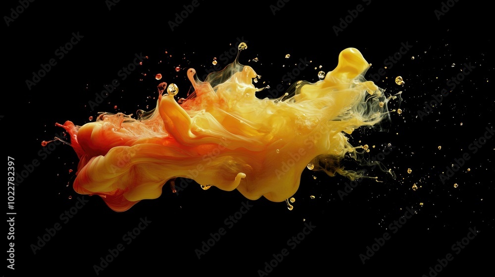 Poster close up shot of dark red and yellow fluid ink paint motion explosion artistic design energy swirl b